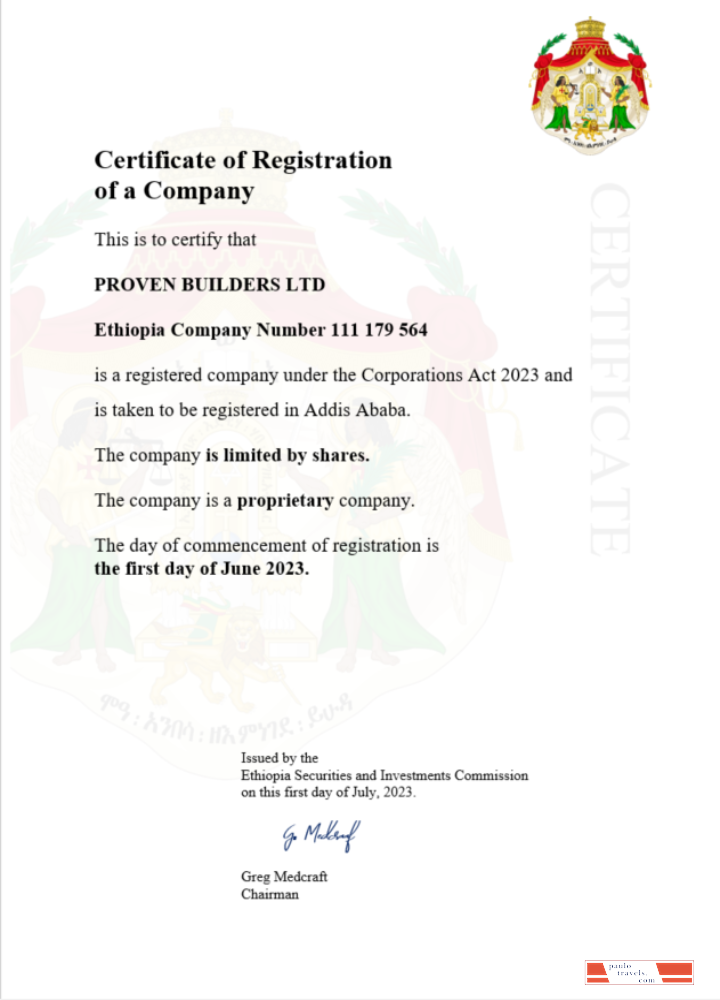 Ethiopia  certificate of registration Word and PDF template
